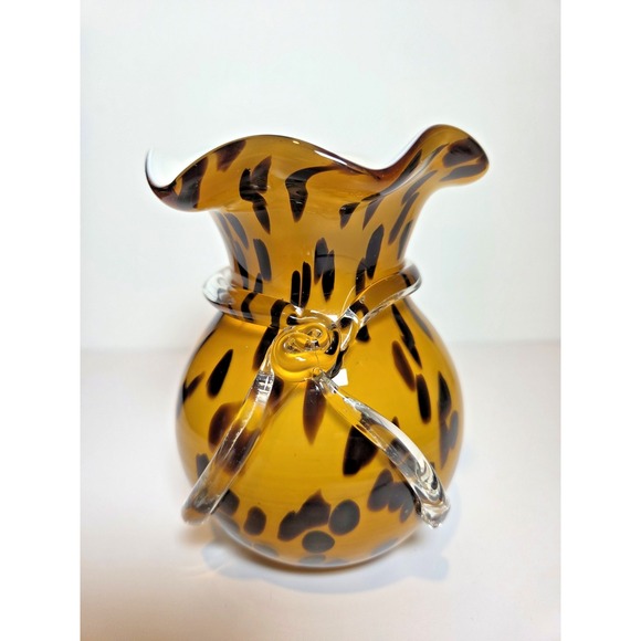 Hand Blown Art Glass Vase with Cheetah Print Design & Glass Ribbon 5.5"‎ - Picture 1 of 11